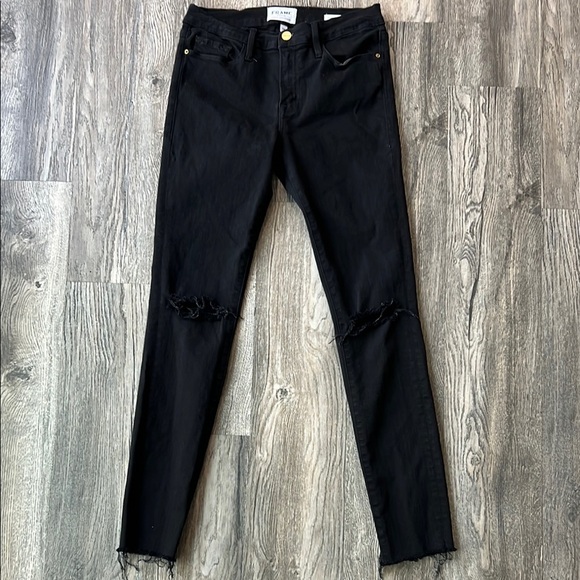 Frame Jeans Black Le Skinny de Jeanne Jeans Distressed Size 28 Noir Rips - Picture 2 of 10
